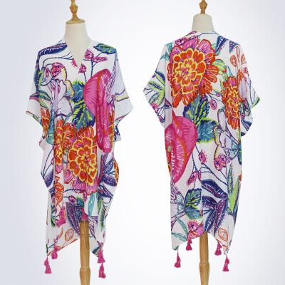 China Summer High Quality MI Ladies Rayon Poncho Tassels Kimono Floral Print Shawls for sale