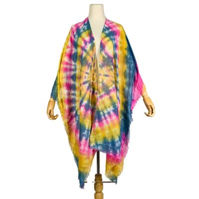 China New Summer Soft Smooth Gradient Print Kimono Silk Feeling Silk Scarfs Tie Dye Long Sun Protection Kimono Shawl Outdoor Beach Cover Up for sale