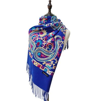 China Comfortable Accept OEM ODM Customize Order New Winter Cashmere Embroidered Scarf Girls Ethnic Tassel Cashmere Shawl Warm Scarf for sale