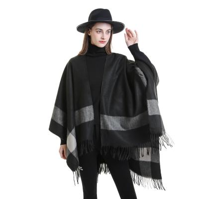 China Winter Poncho Sweater New Poncho Gift Styles Gradient Plaid Shawl Cashmere Tops For Women Winter Caps Cover Up for sale