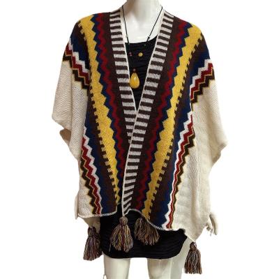 China Medium Custom Made Cashmere Shawl Poncho Cape National Style Wrap Autumn Winter Cardigan Blouse Top Women Loose Knit Stripe Sweater for sale