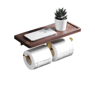 China Modern Double Headed Mobile Phone Holder Walnut Bathroom Tissue Holder Double Bathroom Accessories Roll Paper Holder for sale