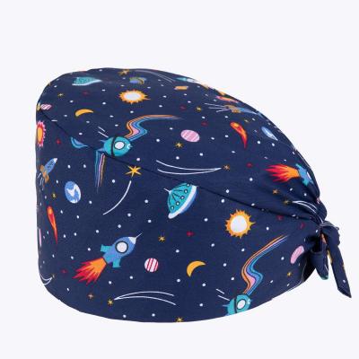 China Fashion Designer Prints Pattern Surgical Eco-friendly Hats With Band , Long Hair Cotton Surgical Operation Hats , Washable Scrub Tie Cap for sale