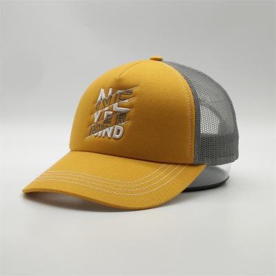 China Custom Two Tone Yellow 3D JOINT Logo Foam Front Traditional Embroidery 5 Panel Trucker Hats Mesh for sale