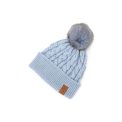 China JOINT Hot Selling Beanies For Women Hat Sky Blue Winter Acrylic Custom Protection 100% Knitted Fur Pom Hat for sale