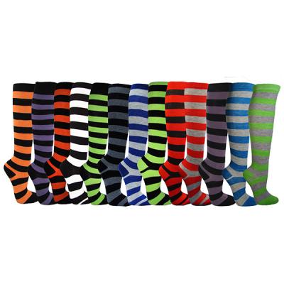 China Wholesale Custom Halloween Antibacterial Two Colors Women Unisex Colorful Striped Cotton Knee Wider High Socks for sale