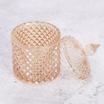 China 290ml European Vintage Viable Crystal Glass Pattern Color Glass Candy Jar Transparent Glass Candle Jar for sale