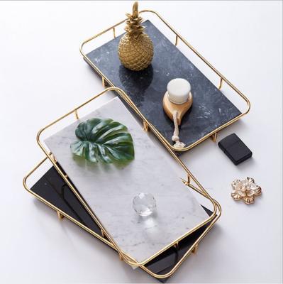 China Nordic Viable Restaurant High-end Hotel Living Room Decoration Style Rectangle Metal Frame Jewelry Storage Tray Marble Storage Tray for sale