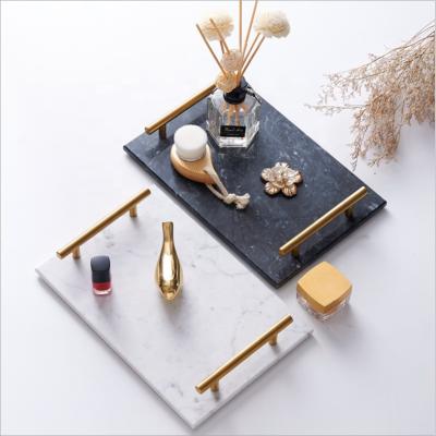 China Nordic Style Viable Marble Storage Tray Marble Storage Tray With Metal Handle Hotel Rectangle Bathroom Tray for sale