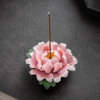 China Hand Home Decoration Pinch Flower Ceramic Incense Holder Ornaments Single Hole Peony Flower Incense Holder Chinese Pink Incense for sale