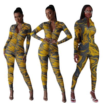 China 2021 QUICK DRY women fall and winter fashion marble pattern digital print skinny sexy overalls one-piece overalls clothing for sale