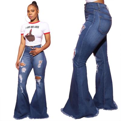 China 2020 Fashionable Sexy Hole Stretch Women Jeans Pants Breathable Slim Knee Jeans Fringed Flare Pants for sale