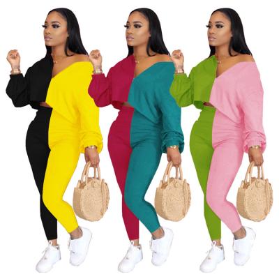 China 2020 fall QUICK DRY women clothes color patchwork v-neck women's two-piece outfits set two-piece sports tracksuit for sale