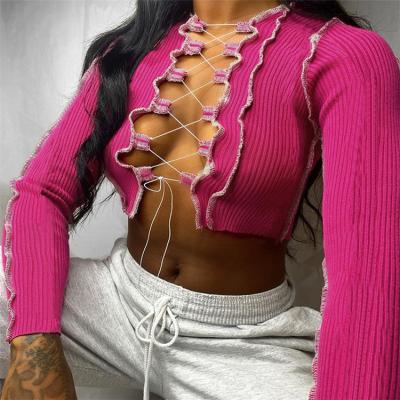 China 2020 QUICK DRY women clothing sexy cute crop tops T-shirts hollow out long sleeves tops blouses summer crop tops for sale