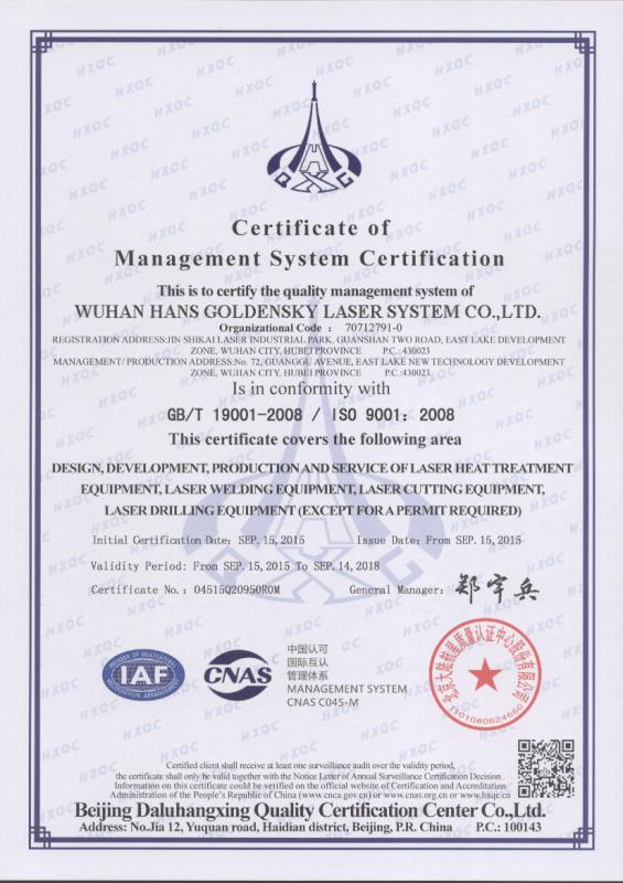 ISO 9001:2008 - Wuhan Hans Goldensky Laser System Co., Ltd.