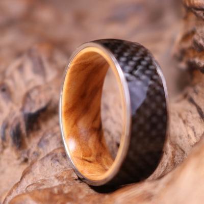 China Casual/Sporty Olive Wood Inside Black Carbon Fiber Titanium Ring, Unique Design Promise Ring For Men for sale