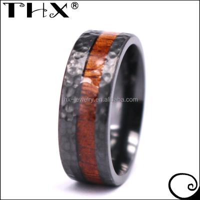 China FASHIONABLE New Design Handmade Mens Womens Hammered Black Titanium Wedding Ring With Offset Edges Koa Wood for sale