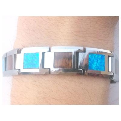 China Hiphop Fashion Blue Opal Inlay Tungsten Wristband THX Jewelry Custom Make Gemstone Bracelet for sale