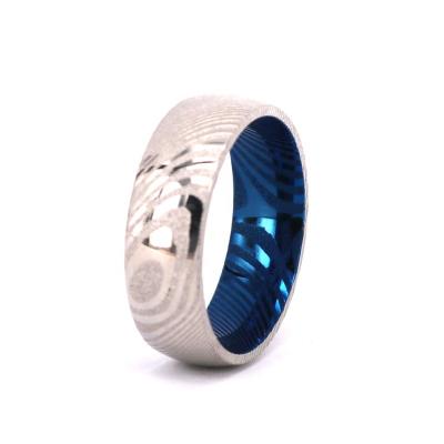 China CLASSIC Unique Grains Lifetime Warranty Not Rust Classic Silver Blue Damascus Steel Wedding Ring for sale