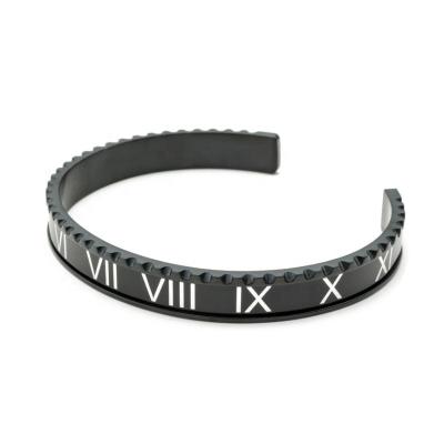 China CLASSIC 7mm Width Stainless Steel Faceted Cut Edges With Roman Numerals Engraved Black Cuff Bracelets for sale