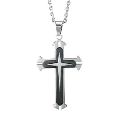 China Punk Mens 316L Stainless Steel Star Cross Necklace Polished Pendant Black Silver for sale