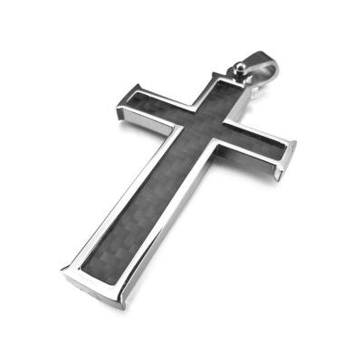 China Vintage Polished Mens Stainless Steel Carbon Fiber Pendant Necklace Silver Black Cross Religious for sale