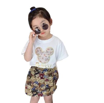 China Cute Summer QUICK DRY Clothing Girls Cartoon Print Teddy Bear Set Skirt Suit Kids Skirt 2 Piece Set In Fashion Style for sale