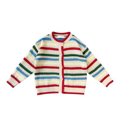 China Anti-wrinkle 2022 spring dress children's new coat girl's long-sleeved sweater cardigan tops baby striped colorful Korean version for sale