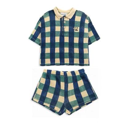 China Casual children's campus style British polo short-sleeved jacket shorts two sets of brother and sister su girls summer plaid suit for sale