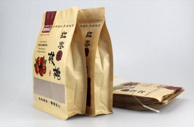 China Flat Bottom Kraft Paper Dried Fruits Bags Quad Seal Pouch Brown for sale