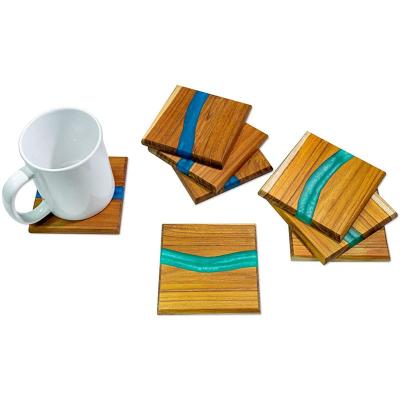 China 8*8*0.6cm Marine Walnut Teal Sustainable Resin Deli Coaster Set with Custom Rustic Resin Deli Kit for sale