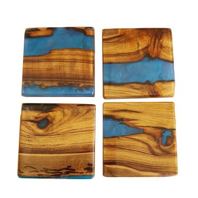 China Viable Factory 4pcs 10*10cm Bamboo Resin Porcelain Coaster Rectangle Coater Olive Wood Set for sale