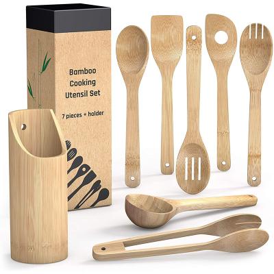 China 5 workable bamboo spatula with bamboo ladle&clip&coaster tongs in bamboo tube for craft box utensil kitchen tableware for sale