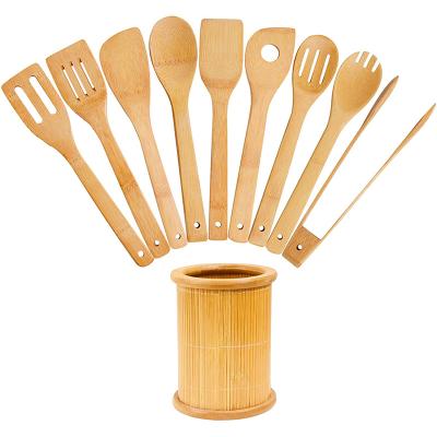 China 9 Pcs Sustainable Bamboo Spatula&spoon&spurtle&shovel With Clip And Bamboo Tube Kitchen Cookware Set for sale