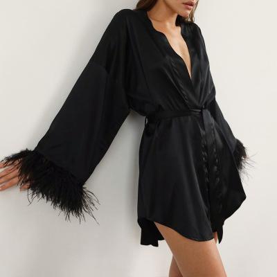 China 2022 Breathable Pajamas Feather European American Solid Color Women's Long Sleeve Silk Casual Long Robes for sale