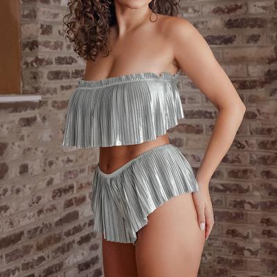 China New QUICK DRY Summer Silver Pajamas Set Suspenders Shorts Pleats Vacation Leisure Women Home Wear for sale