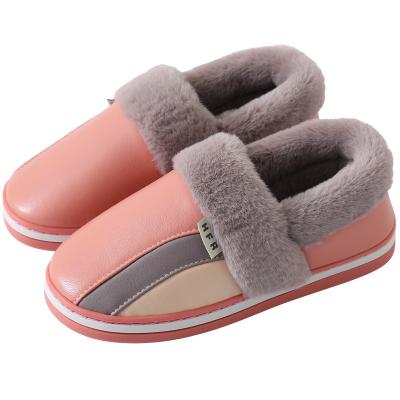 China Fashion trend new ladies warm cotton shoes PU waterproof indoor home ladies thickened floor non-slip cotton winter slippers pink home woman for sale