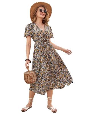 China Breathable Midi Dress Boho Summer Women's Floral Print V-Neck Button Front Short Sleeve Split A Line Dress for sale