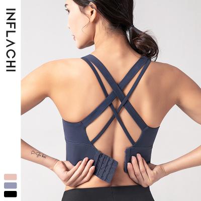 China Viable High Quality Sports Logo Solid Color Open Back Top Custom Fitness Push Up Gym Yoga Seamless Bra for sale