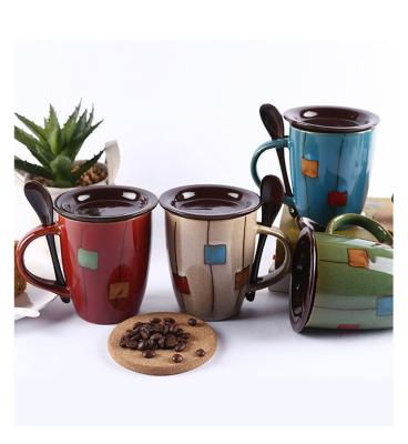 China Factory direct disposable creative hand painted square coffee cup milk drum shaped cup with spoon and cover for sale