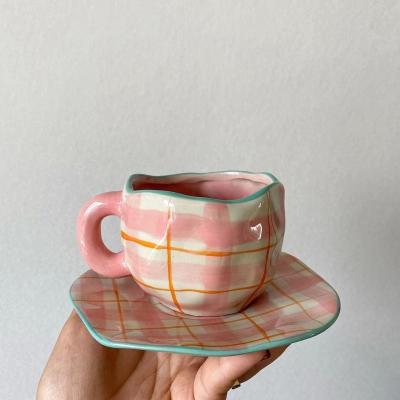 China Hand Stocked Pinched Pink Stripe Ceramic Coffee Mug and Saucer Afternoon Tea Cup and Saucer Set for sale