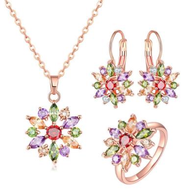 China Women's hot sale in Europe and America ornament ring Bohemian jewelry necklace earrings snowflake color three-piece set conservation for sale