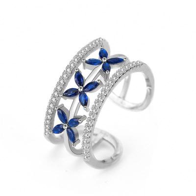 China Women's S925 Lightweight Luxury Open Ring Personalized Kuchao Tears Double-Layer Clover Water Drop Sterling Silver Blue Ring For Women for sale