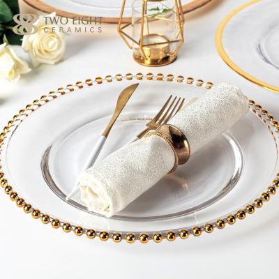 China Restaurant Viable Luxury Glass Dinnerware Dish Clear Gold Beaded Charger Dishes Glass Wedding Decoration Under Dish for sale