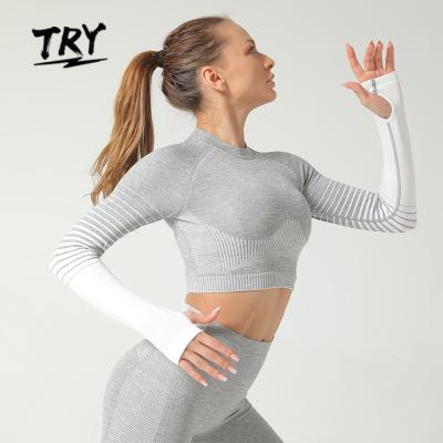 China CX6092 Antibacterial Seamless Long Sleeve Cropped Tops Seamless Shirt For Gym Fitness Running for sale