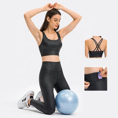 China New Cross Texture High Quality Breathable Leather Energy Back Bra High Waist Align Yoga Leggings Gym Fitness Set for sale