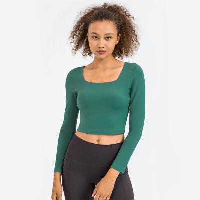 China Plus Size DS134 Lulu Naked Feeling Long Sleeve Yoga Top With Build In Bra U-Neck Fitness Crop Top T-Shirt for sale