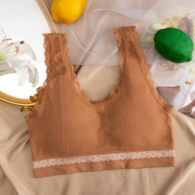 China Wholesale 2201 Lace Crop Top Bra Ladies Lace Edge Seamless Tube Top Bra Antibacterial Wide Strap Top For Women for sale