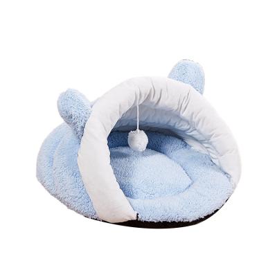 China New Breathable Pet Bed Winter Soft and Cute Pet Cat Shell Plush Ball Nest Partially Enclosed Warm Comfortable Pet Bed for sale