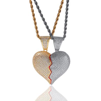 China Hiphop Hiphop Immense Half Heartbreak Zircon Combined Copper Magnetic Suction Couples Pendant Necklace for sale